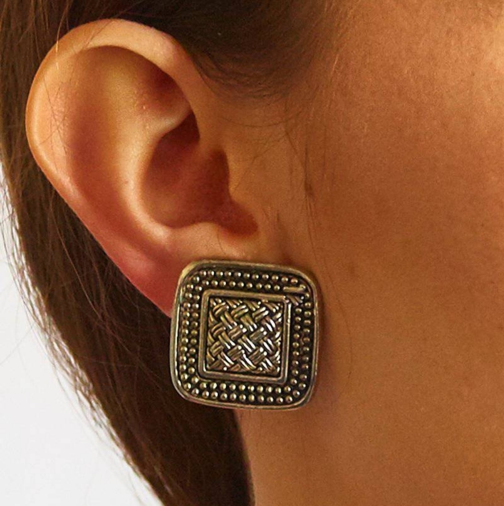 Vintage Earrings Silver-plated Clip-on Square Textured Raised Center
